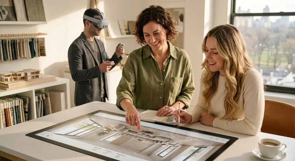 Interior designers reviewing a design together with their client