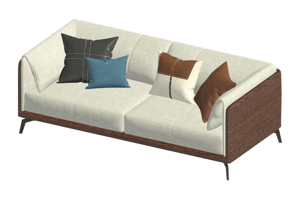 A sofa with woven cushions and a wood frame, imported into Revit with its textures